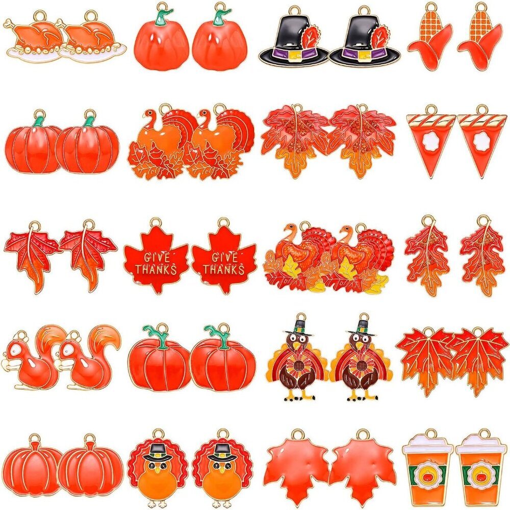 40/50PCS Fall Charms for Jewelry Making, Thanksgiving Pumpkin Maple Leaf Turkey